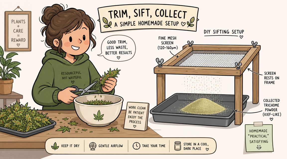 An illustrated guide demonstrating a homemade setup for trimming cannabis and sifting trichomes using a mesh screen.