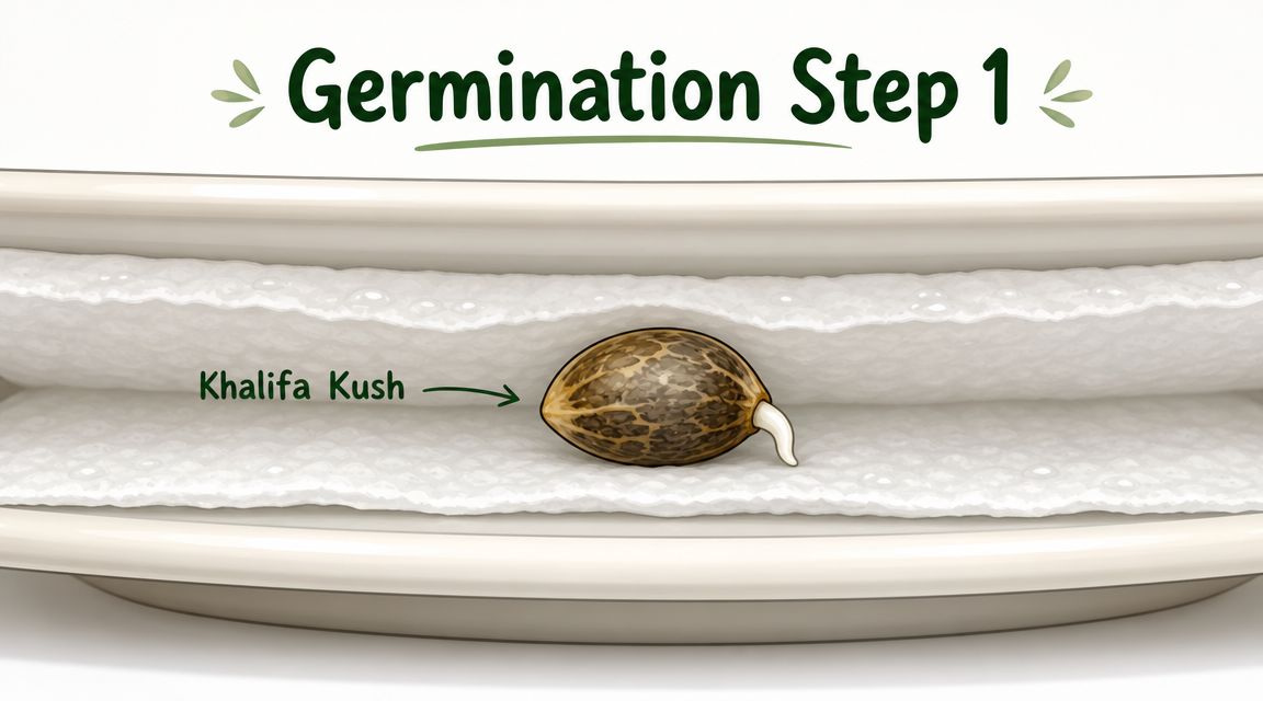 A germinating Khalifa Kush cannabis seed placed between two moist white paper towels on a plate.