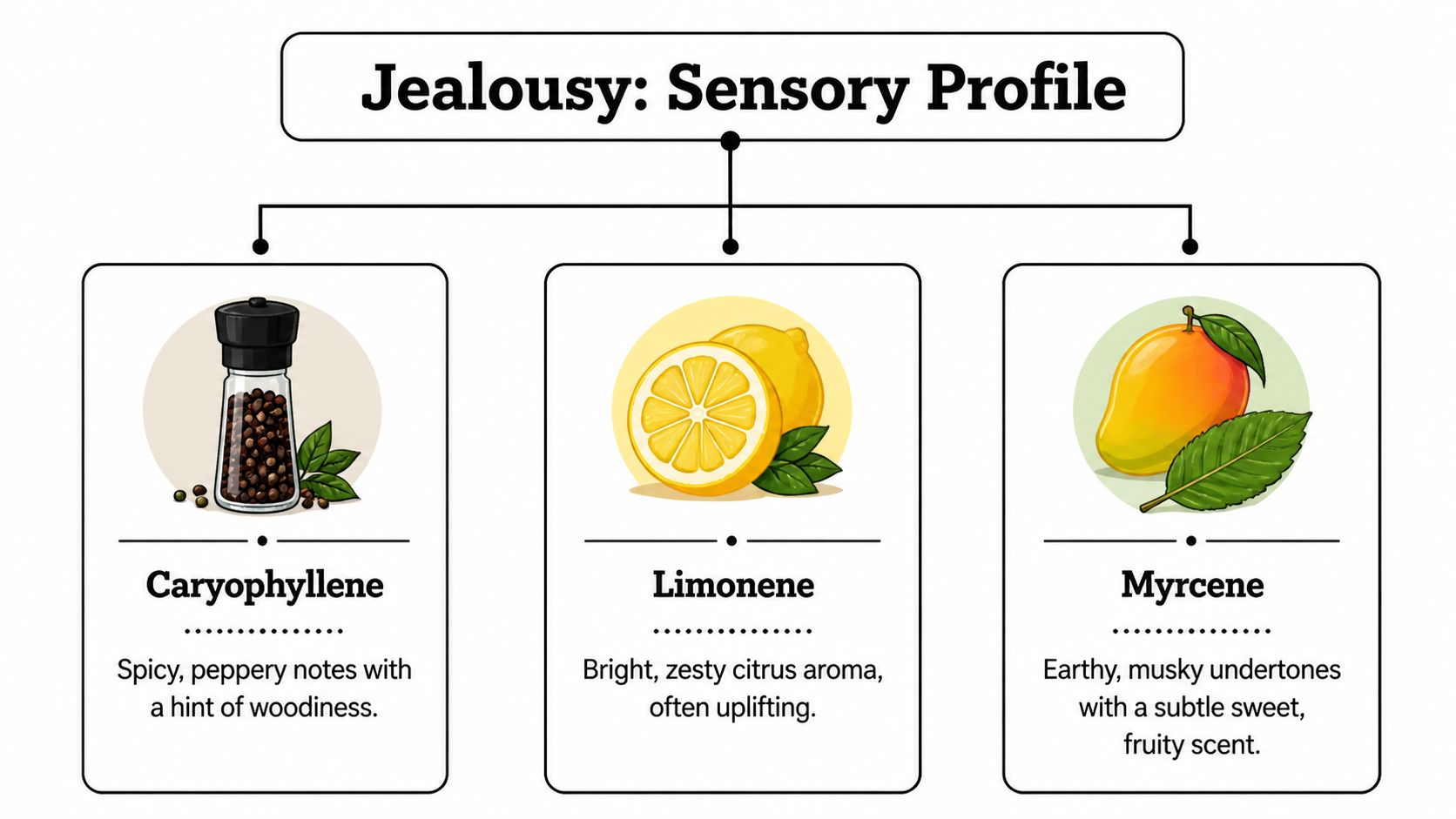 An infographic showing the sensory profile of the Jealousy cannabis strain featuring Caryophyllene, Limonene, and Myrcene.