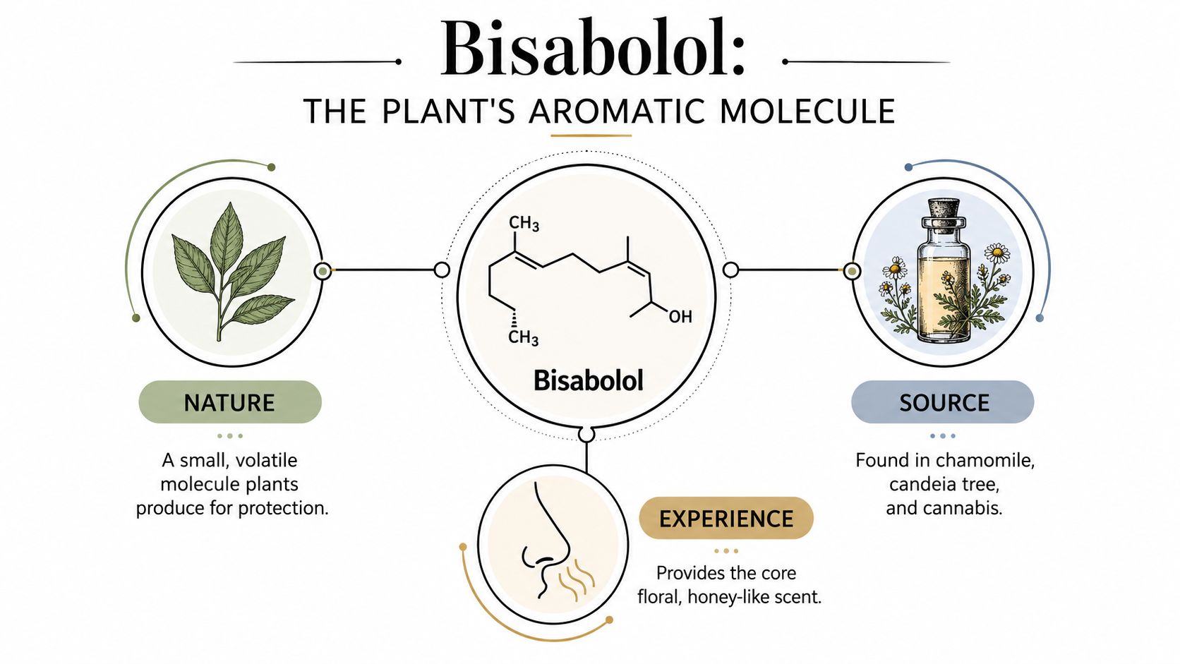 An infographic detailing the plant-based terpene bisabolol, covering its origin, chemical structure, and floral honey-like aroma.