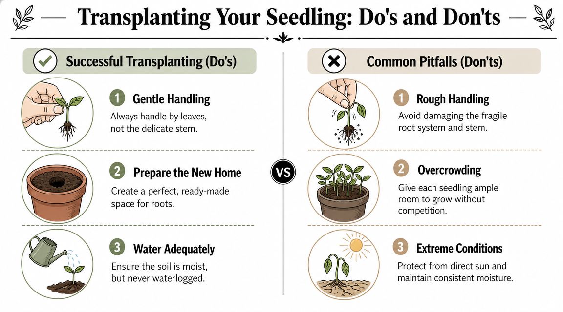 A helpful infographic showing do's and don'ts for transplanting seedlings to ensure healthy garden growth.