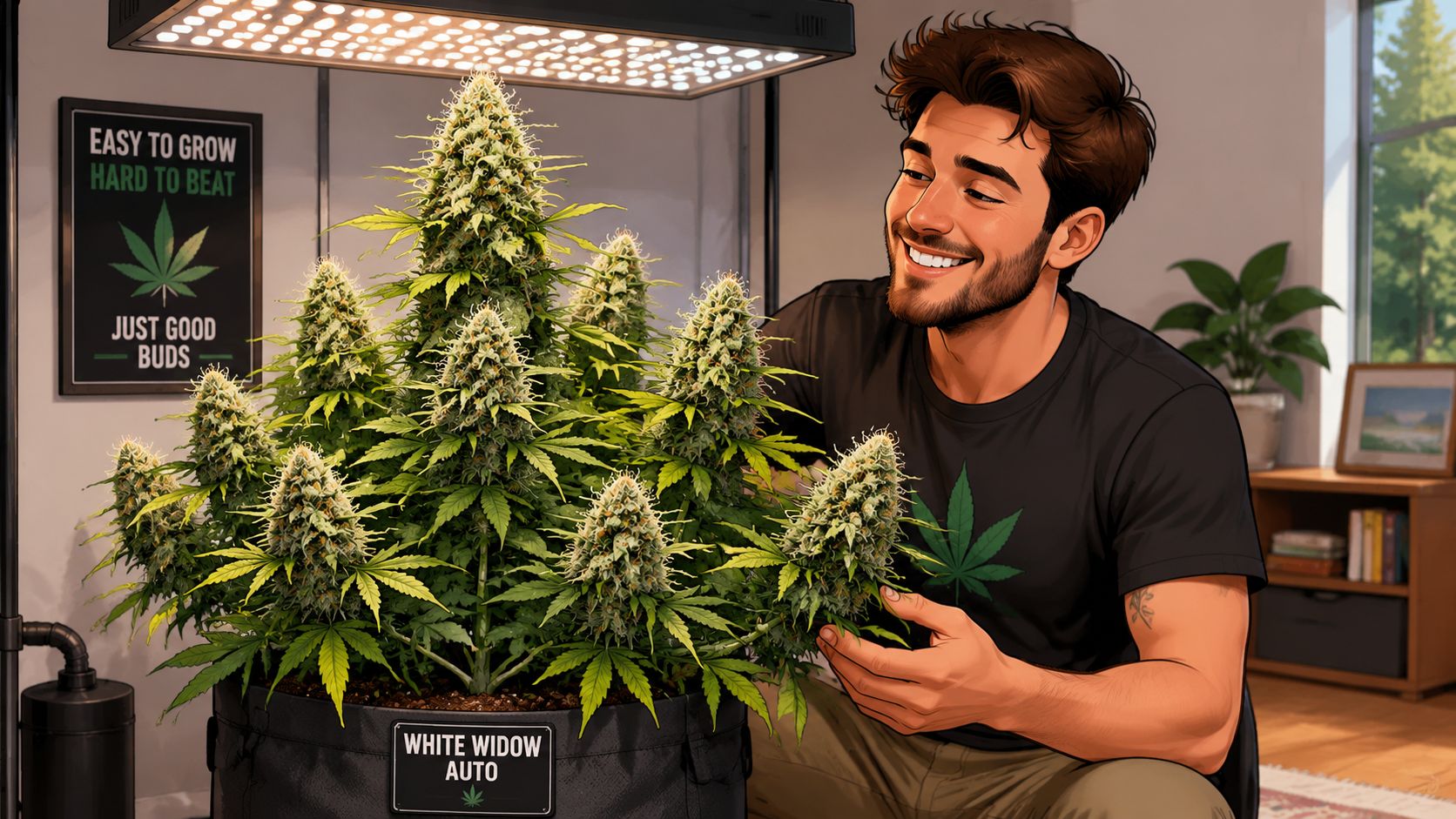 A happy young man smiling at his healthy, flowering White Widow autoflowering cannabis plant under LED lights.