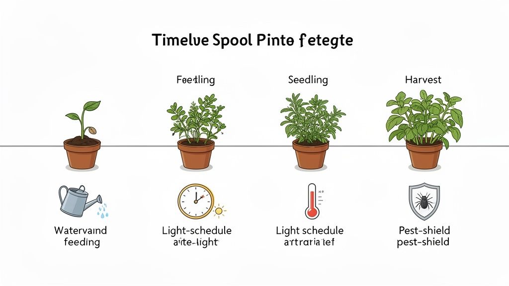 Plant growth stages from sprouting to harvest, with essential care instructions for watering, light, temperature, and pest control.