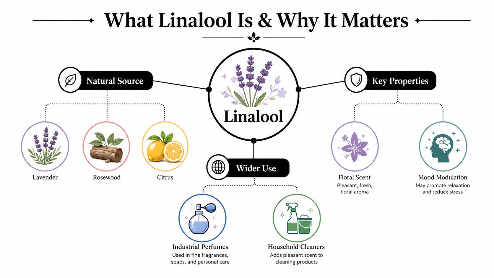 An infographic showing natural sources, key properties, and common uses of the terpene linalool.