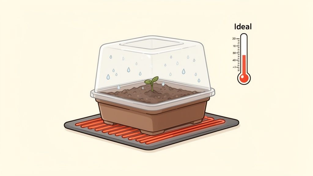 A seedling in a clear dome planter on a heating mat, with an ideal temperature shown on a thermometer.