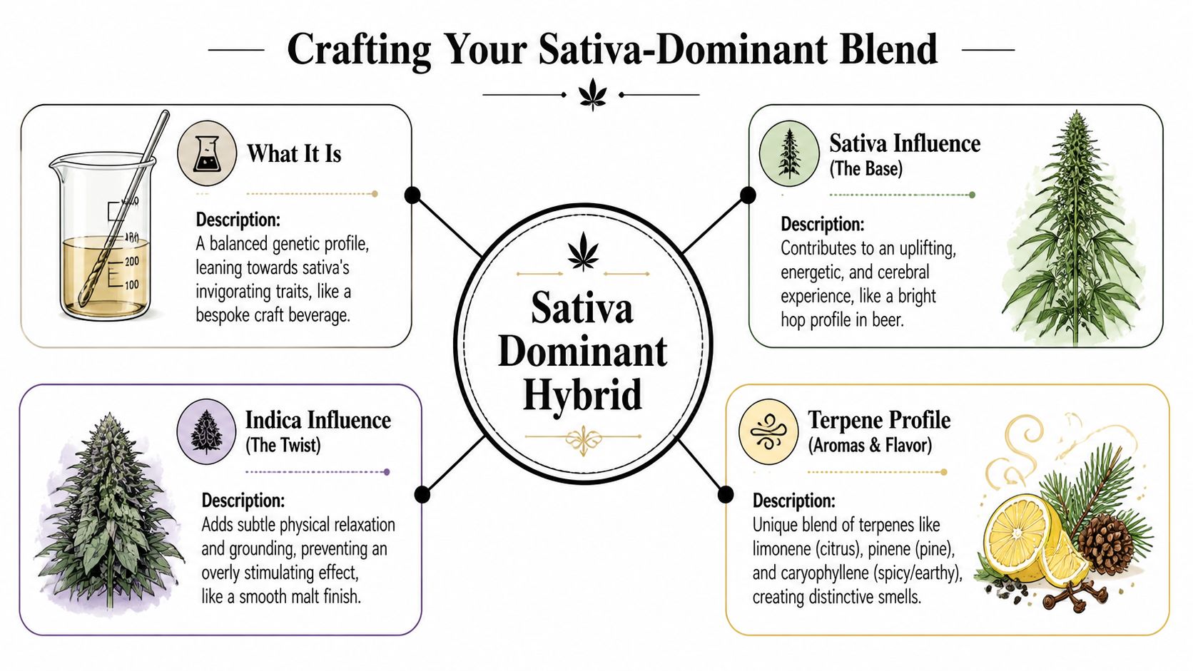 An infographic titled Crafting Your Sativa-Dominant Hybrid, illustrating its components, effects, and unique terpene profile.