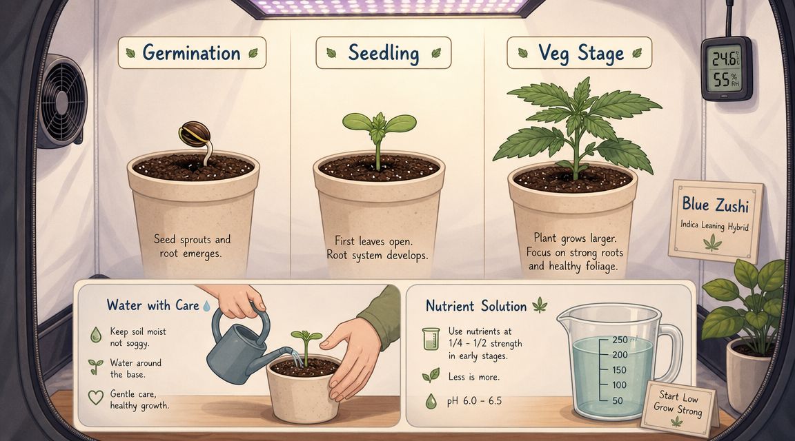 An educational infographic illustrating the three growth stages of a Blue Zushi cannabis plant with care instructions.