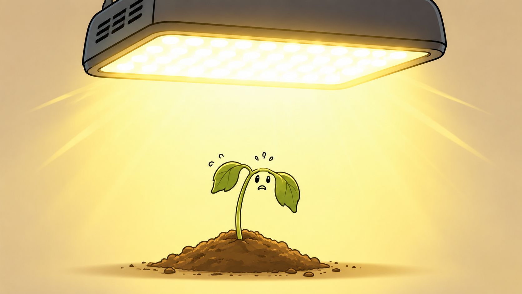 A sad, small sprout growing in soil under a bright artificial grow light in a dark room.