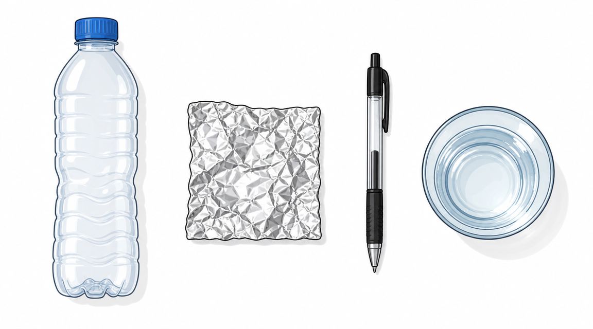 A plastic water bottle, a square of aluminum foil, a pen, and a glass of water.