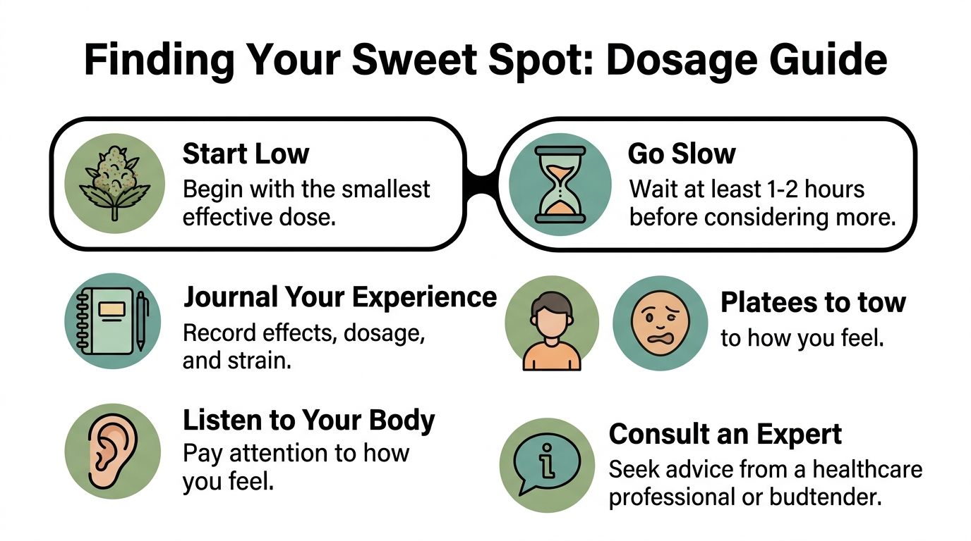 A simple dosage guide infographic for cannabis use featuring helpful tips like starting low and going slow.