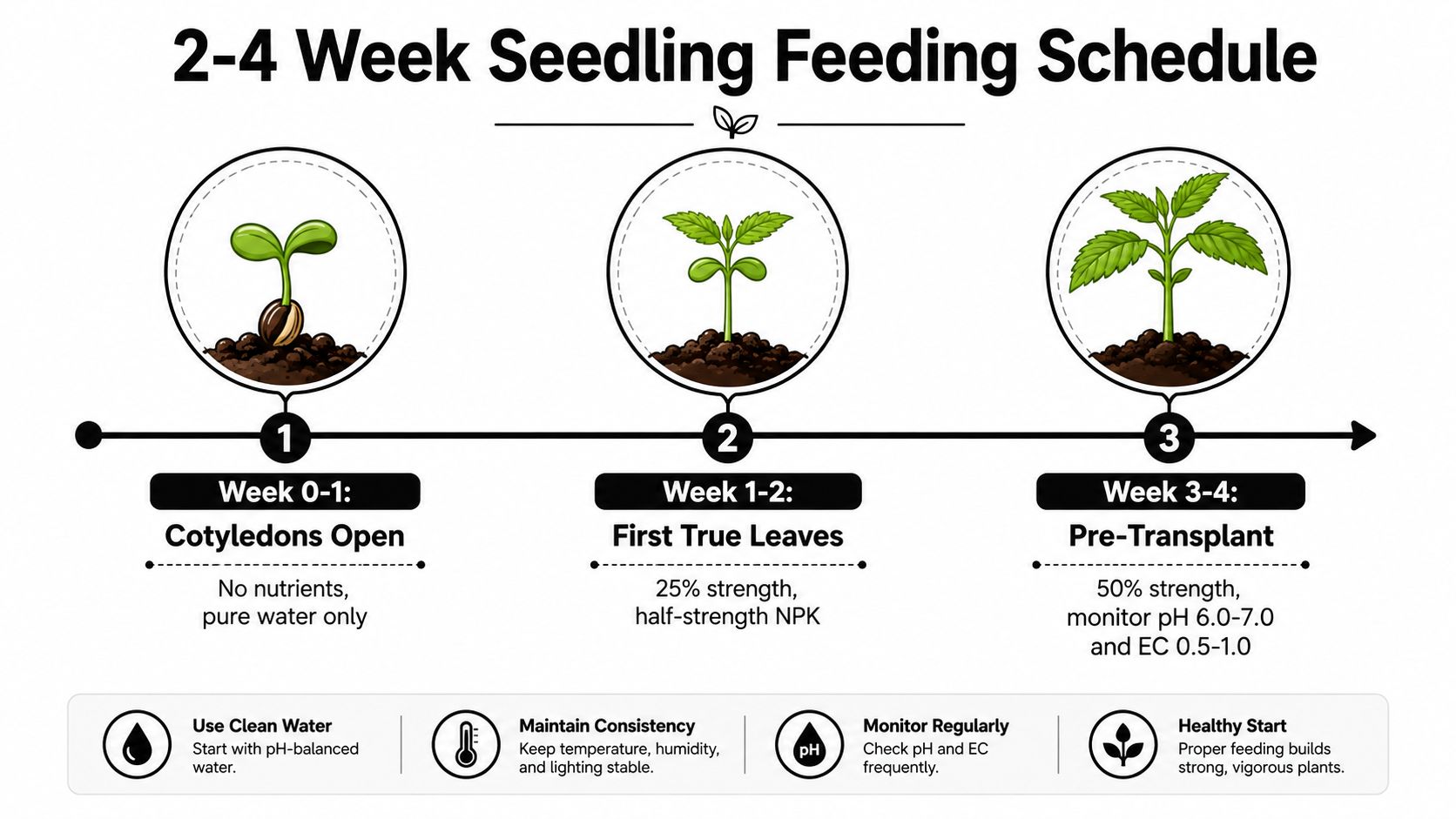A visual guide for a 2-4 week seedling feeding schedule showing growth stages and nutrient requirements.
