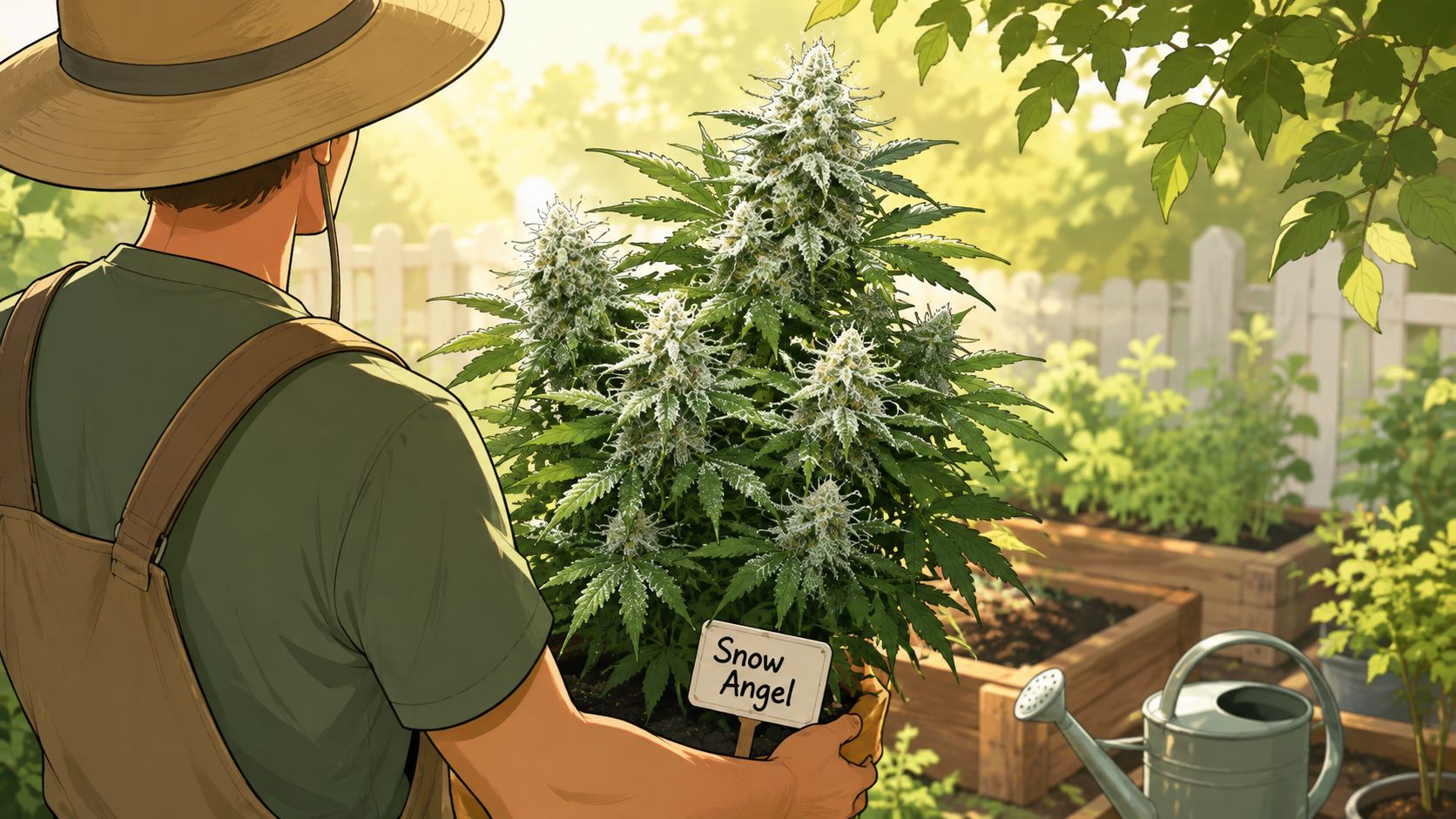 A farmer holding a potted Snow Angel cannabis plant in a bright outdoor vegetable garden.