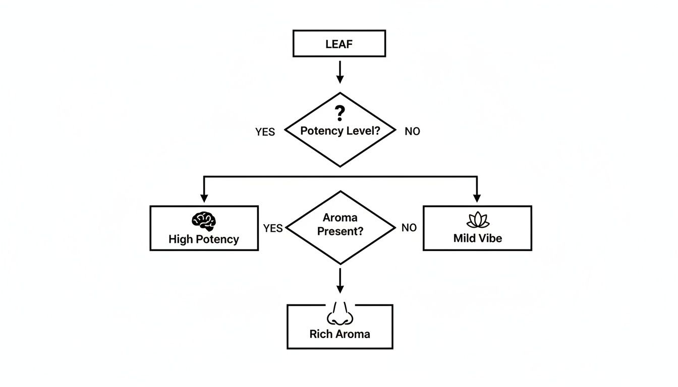 Flowchart illustrating leaf characteristics, determining potency level and aroma presence for high potency or mild vibe with rich aroma.