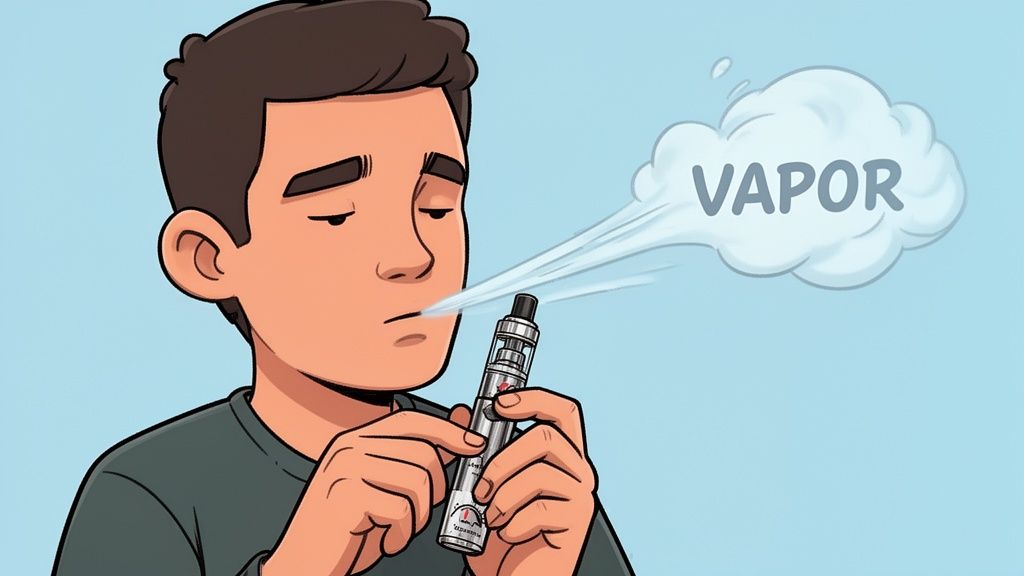 A cartoon illustration of a young man holding and exhaling vapor from a vaping device.