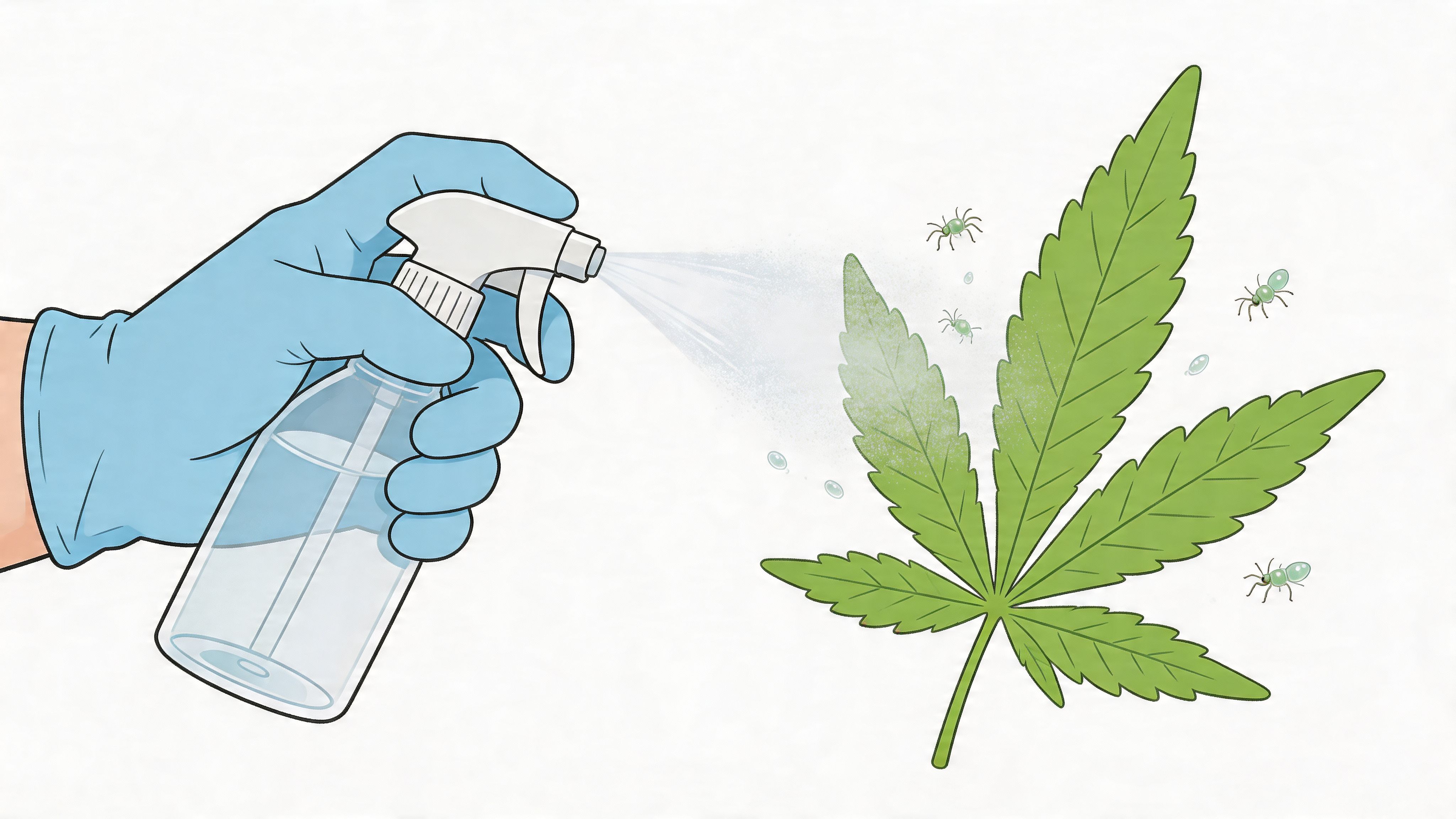 A hand wearing a blue latex glove spraying a cannabis leaf to treat spider mite infestation.