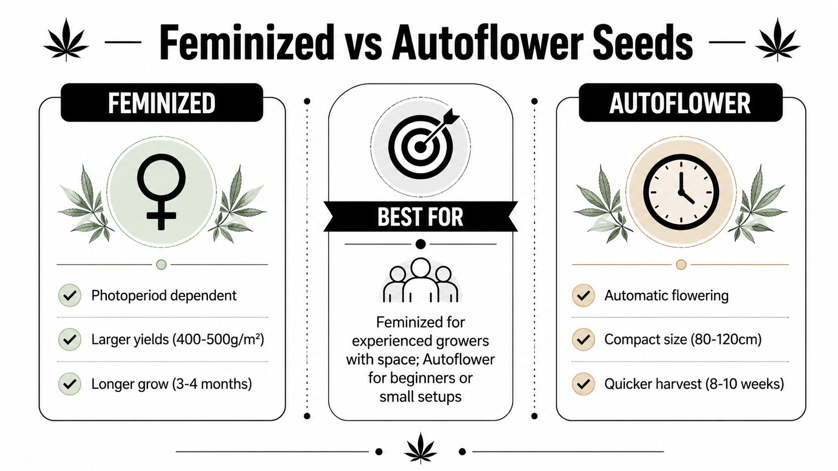 A comparison infographic between feminized and autoflower cannabis seeds highlighting growth time, yield, and suitability for growers.