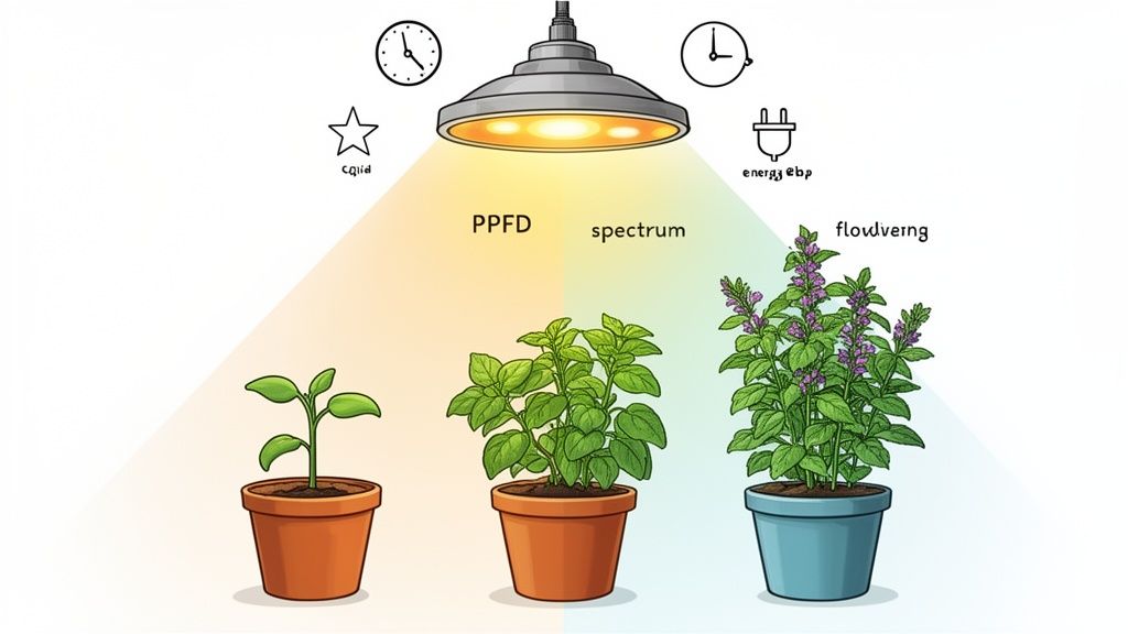 Illustration of a grow light illuminating three potted plants at different growth stages, with various growing parameters shown.