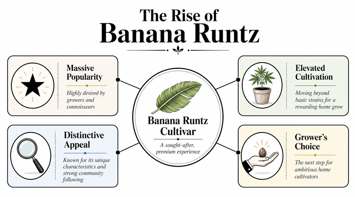 An infographic titled The Rise of Banana Runtz highlighting its popularity, unique appeal, and cultivation benefits.