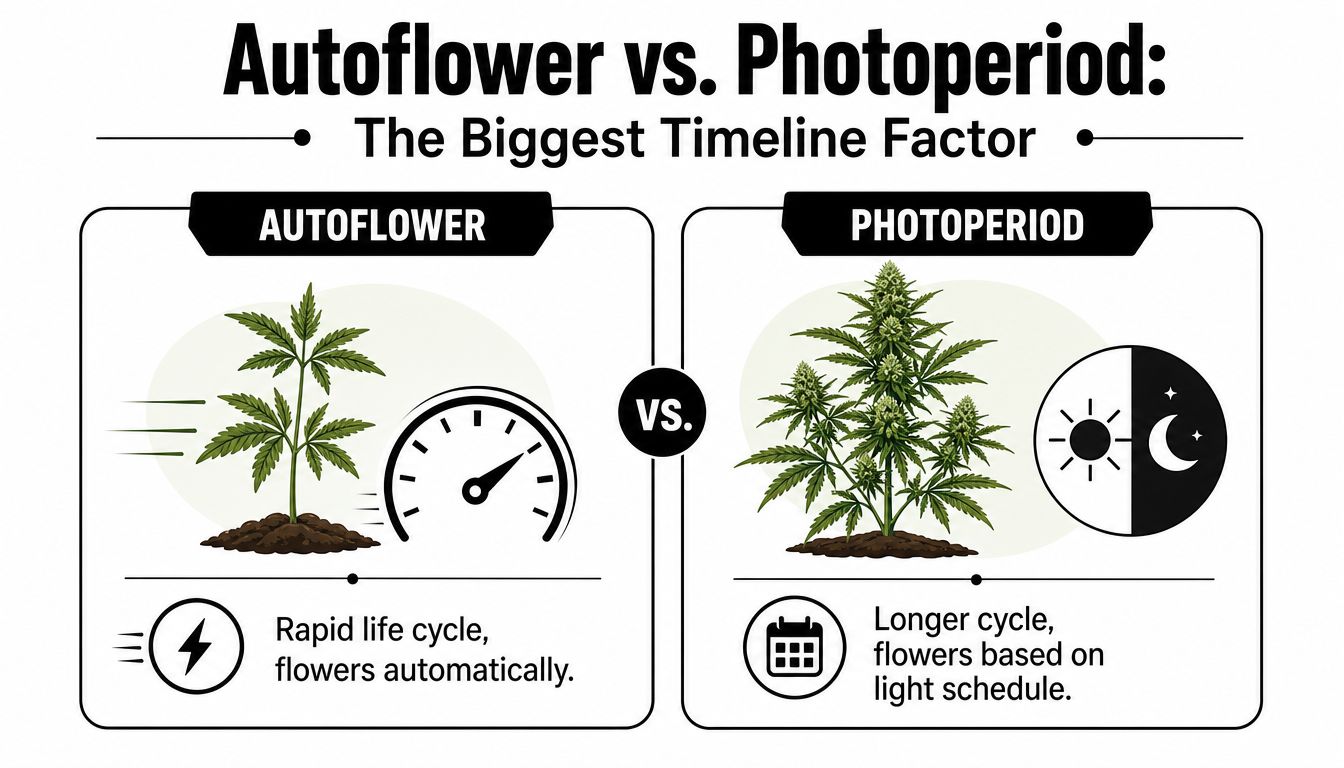 A comparison chart showing the difference between autoflower and photoperiod cannabis growth cycles and timing.