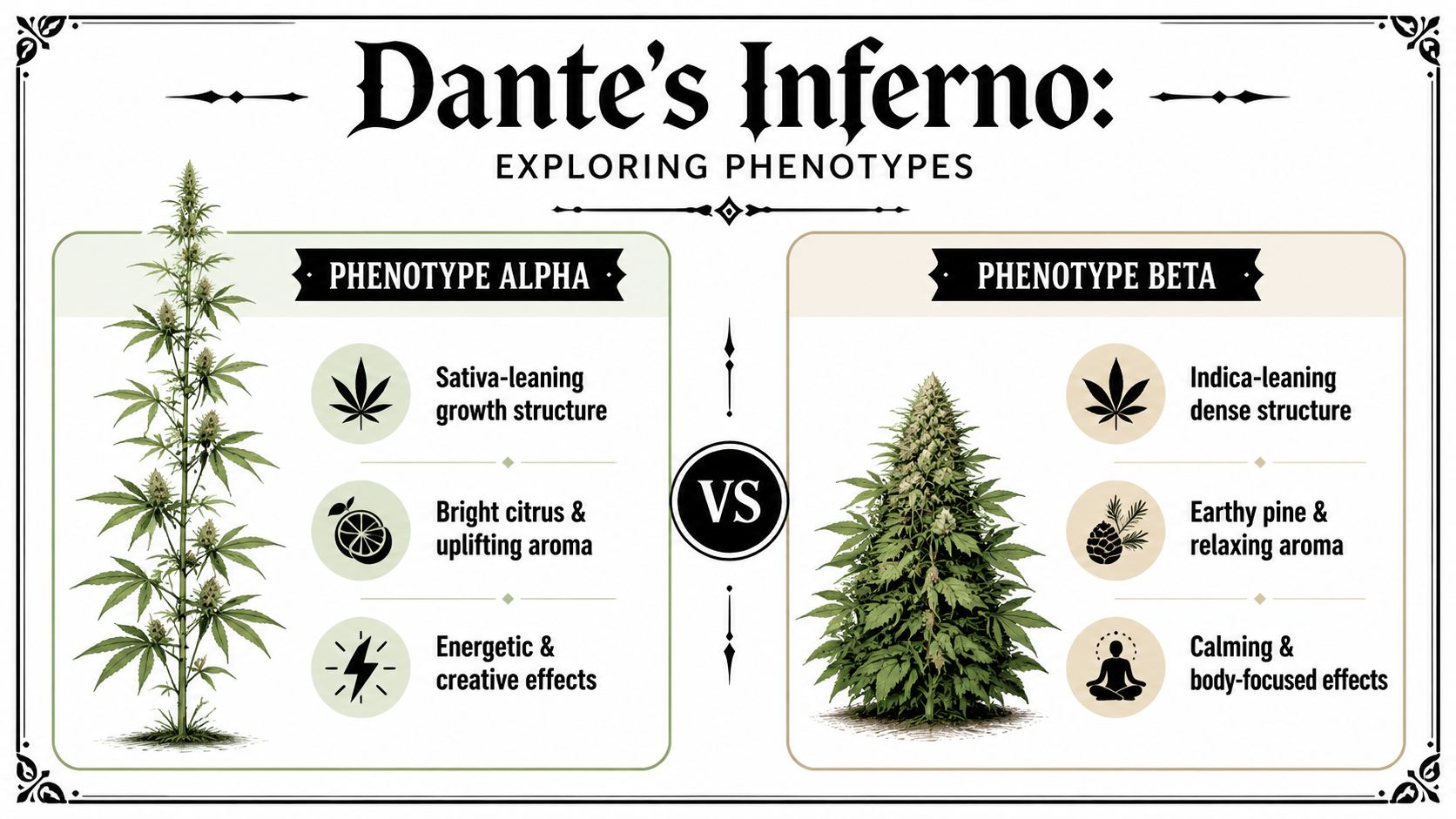 A comparison chart of Dante's Inferno cannabis strain showing the differences between Phenotype Alpha and Phenotype Beta.