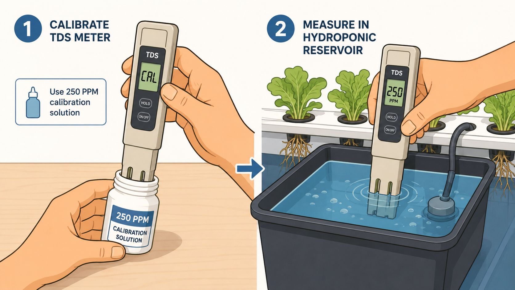 A hand calibrating a TDS meter with 250 PPM solution and then measuring a hydroponic plant reservoir.