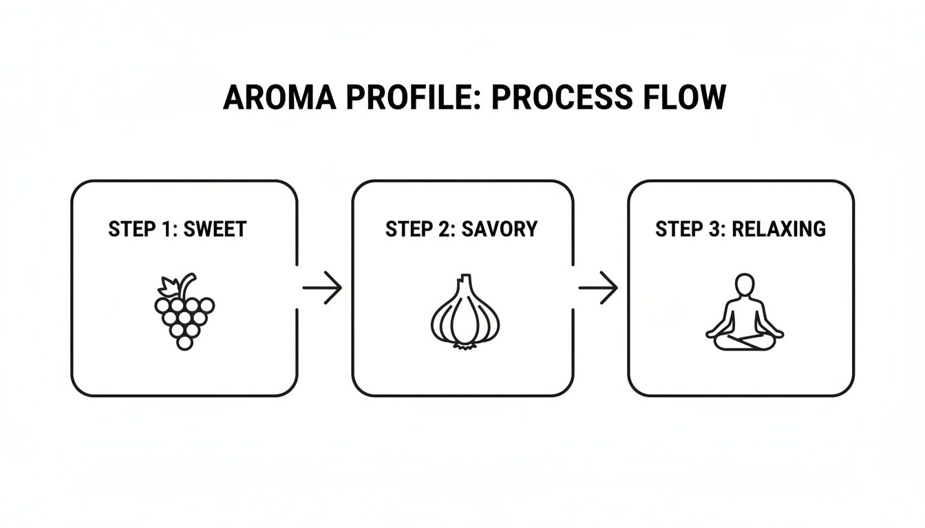 A diagram illustrates an aroma profile process flow from sweet grapes to savory garlic to relaxing meditation.