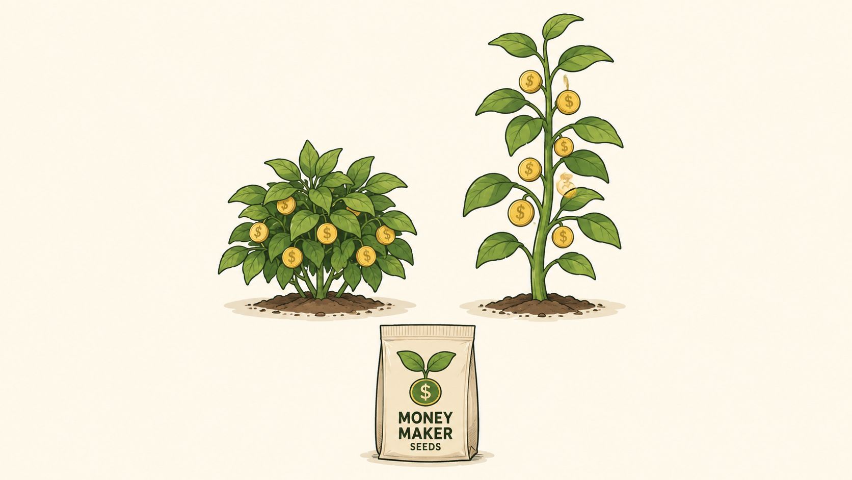 An illustration showing a bag of Money Maker seeds with two plants growing coins instead of flowers.