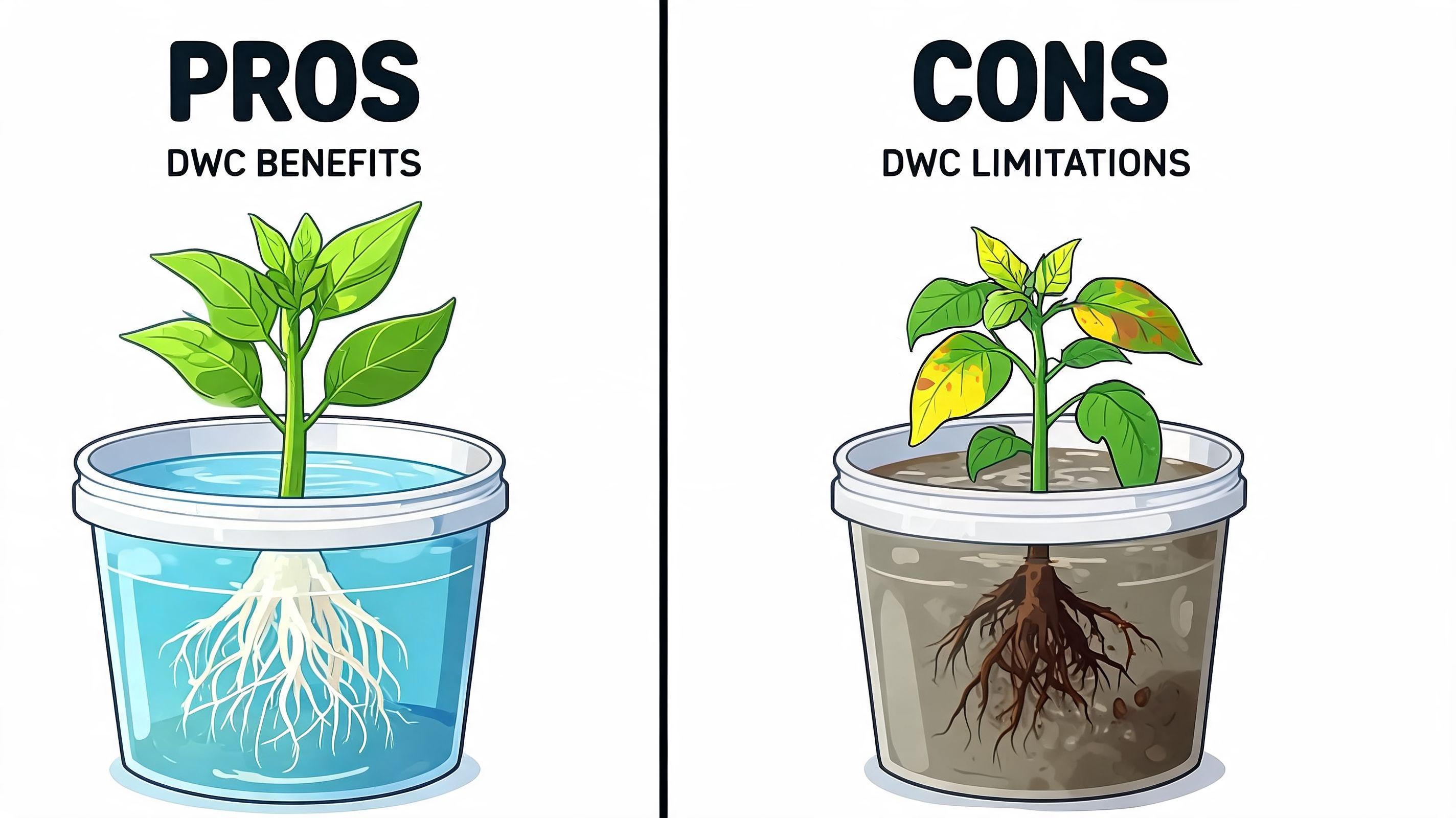 A split image comparing healthy deep water culture plant roots against diseased roots in poor water.