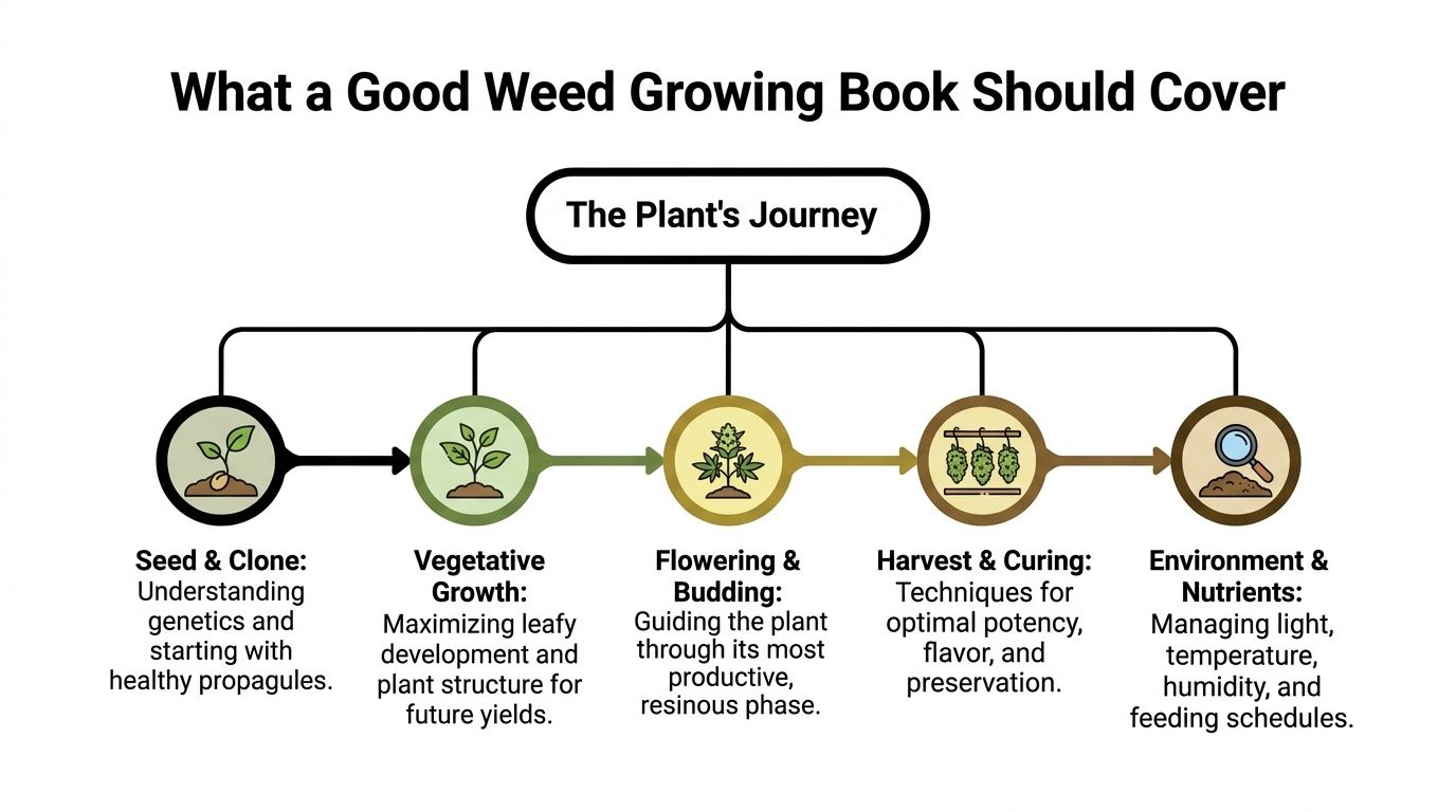 A diagram outlining the five key stages of cannabis cultivation presented in a weed growing book.