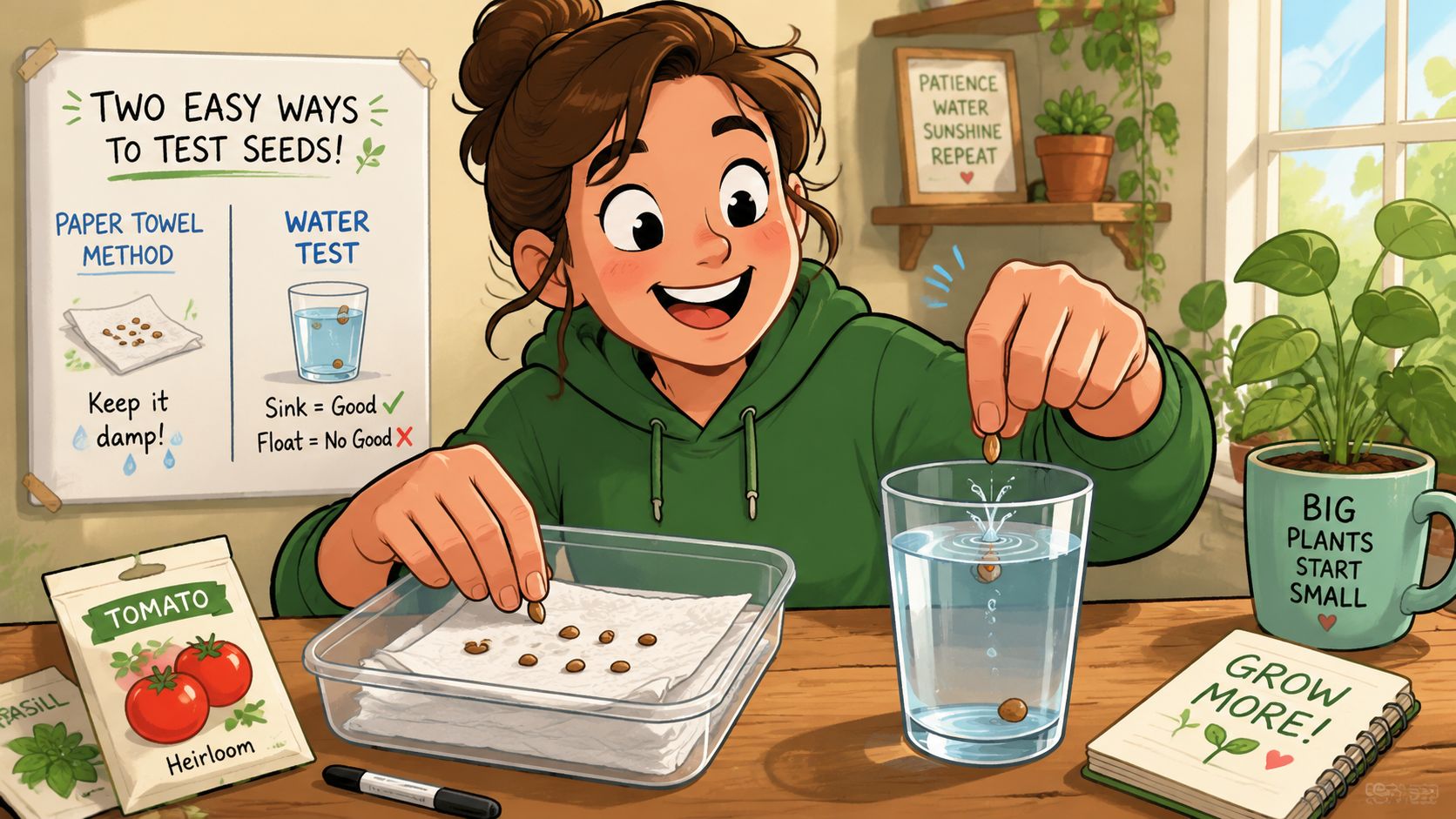 A young woman demonstrates two simple DIY methods for testing seed viability at a wooden table.