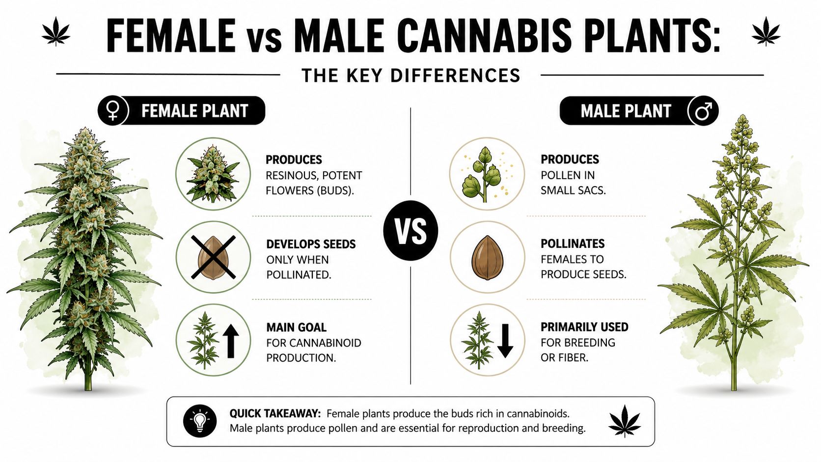 An infographic comparing the key physical and functional differences between male and female cannabis plants.
