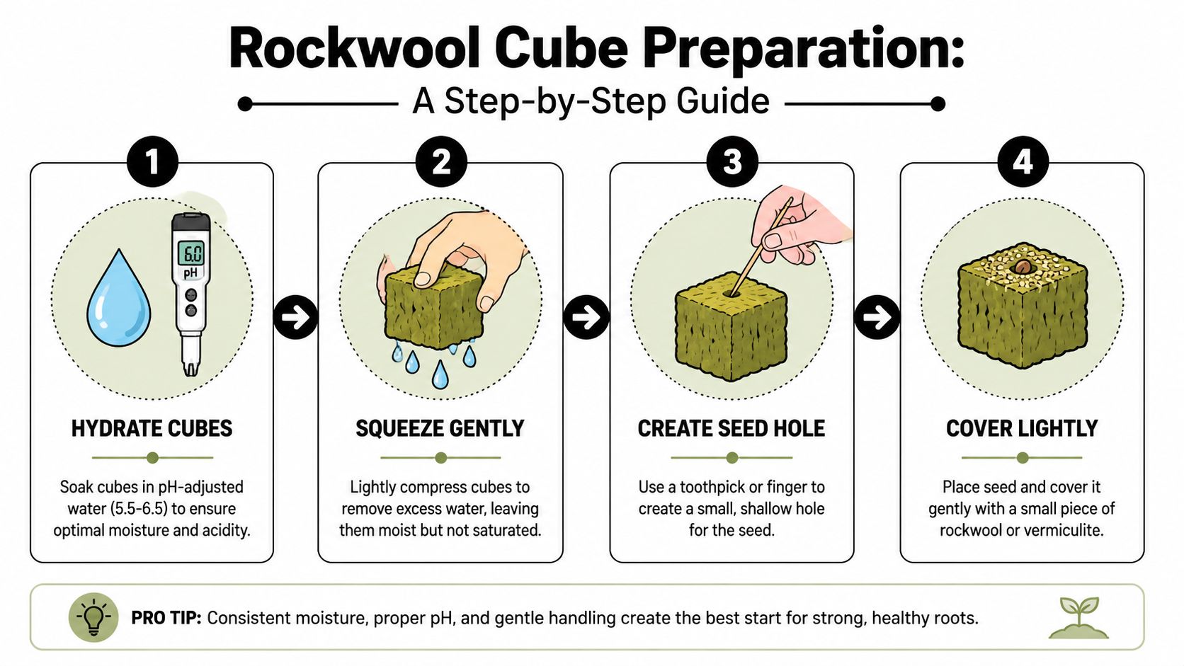 An infographic showing a four-step guide on how to prepare rockwool cubes for seed germination.