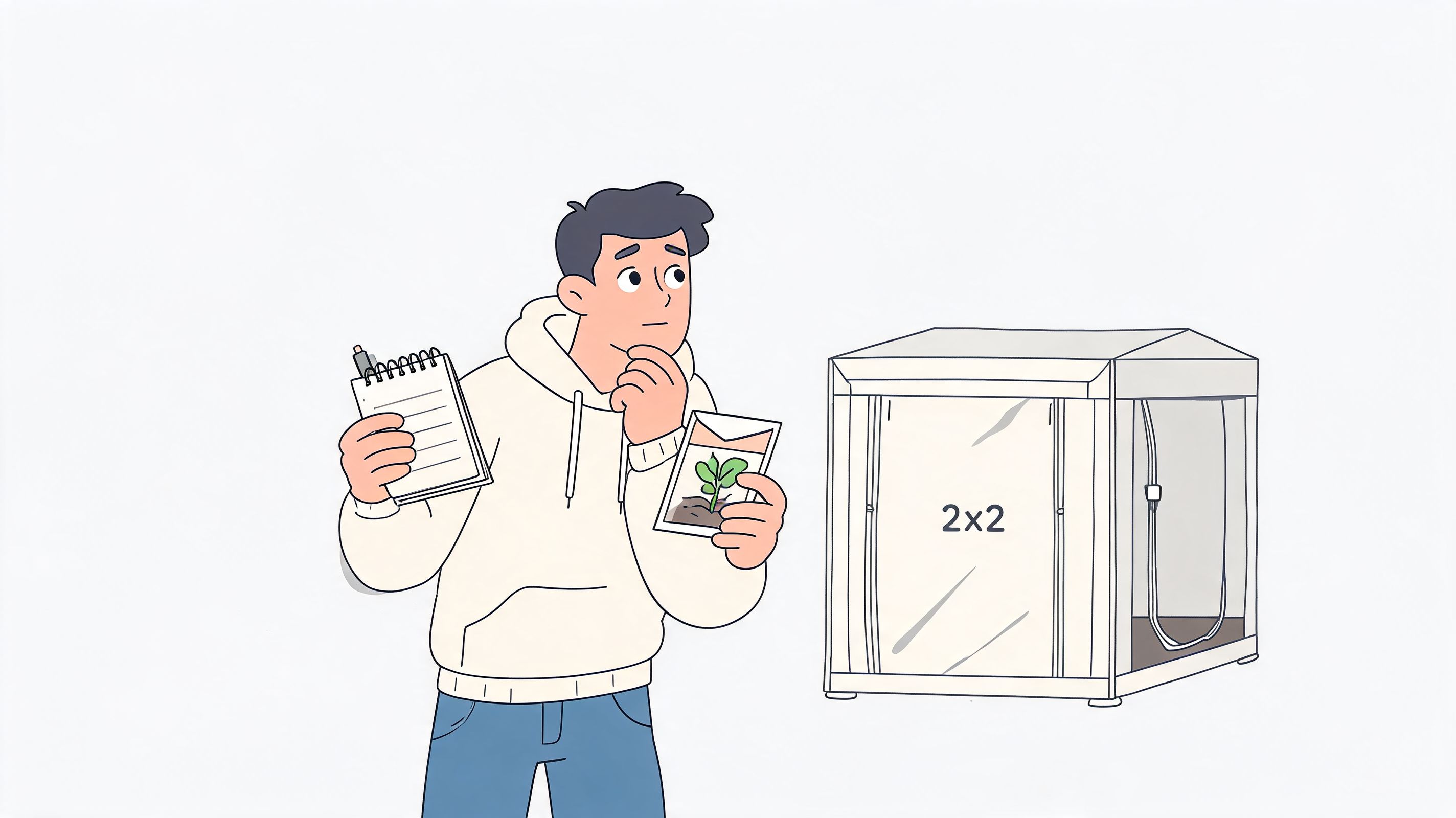 A young man holding a notebook and a seed packet next to a small grow tent.