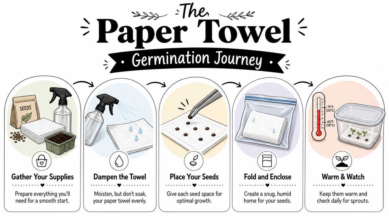 An infographic illustrating five easy steps for germinating seeds using a paper towel method at home.