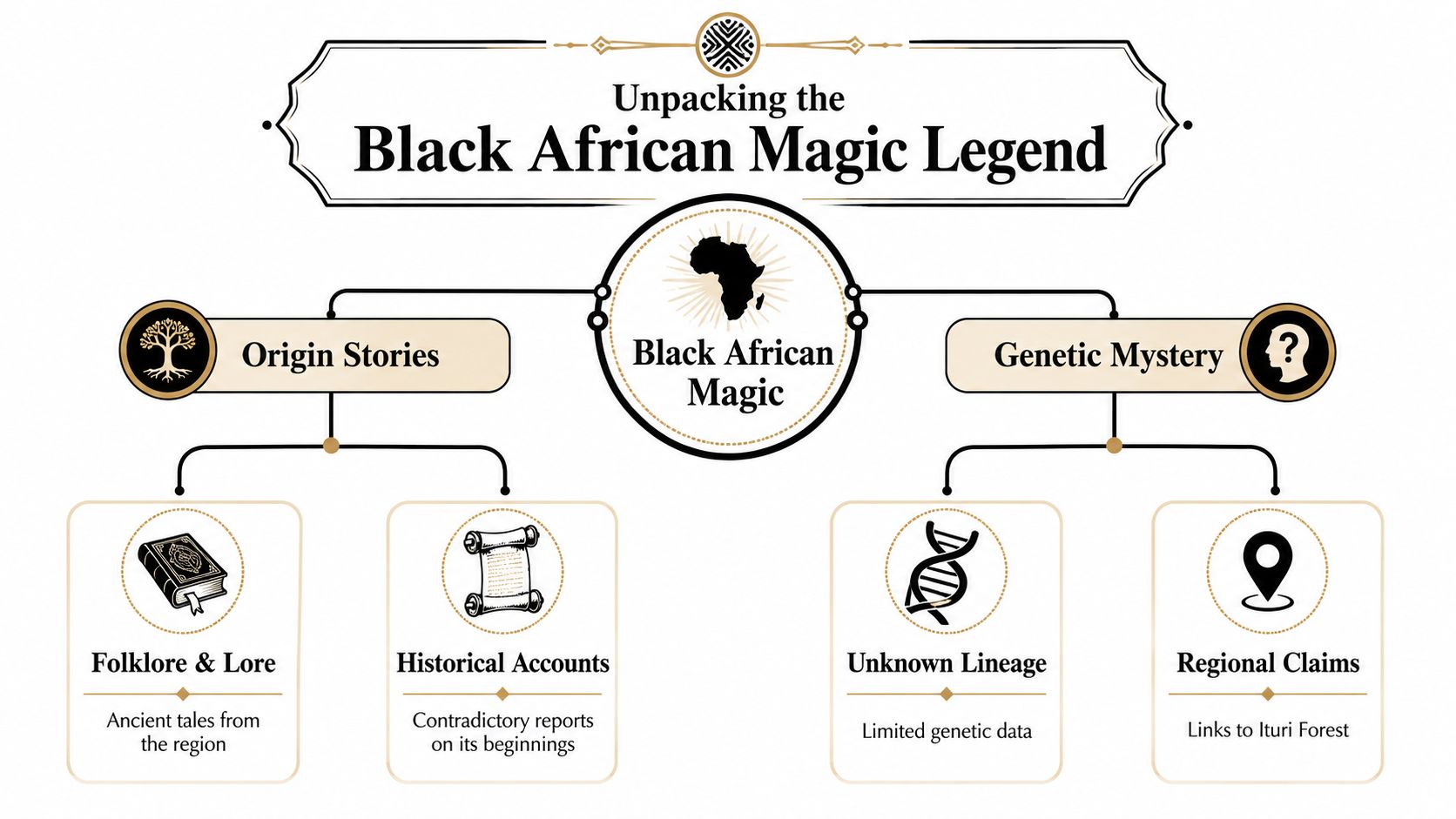An infographic titled Unpacking the Black African Magic Legend, showing origin stories and genetic mystery branches.