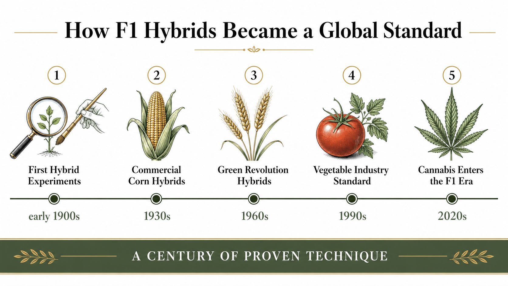 A timeline graphic showing the evolution of F1 hybrid plant breeding from the 1900s to the 2020s.