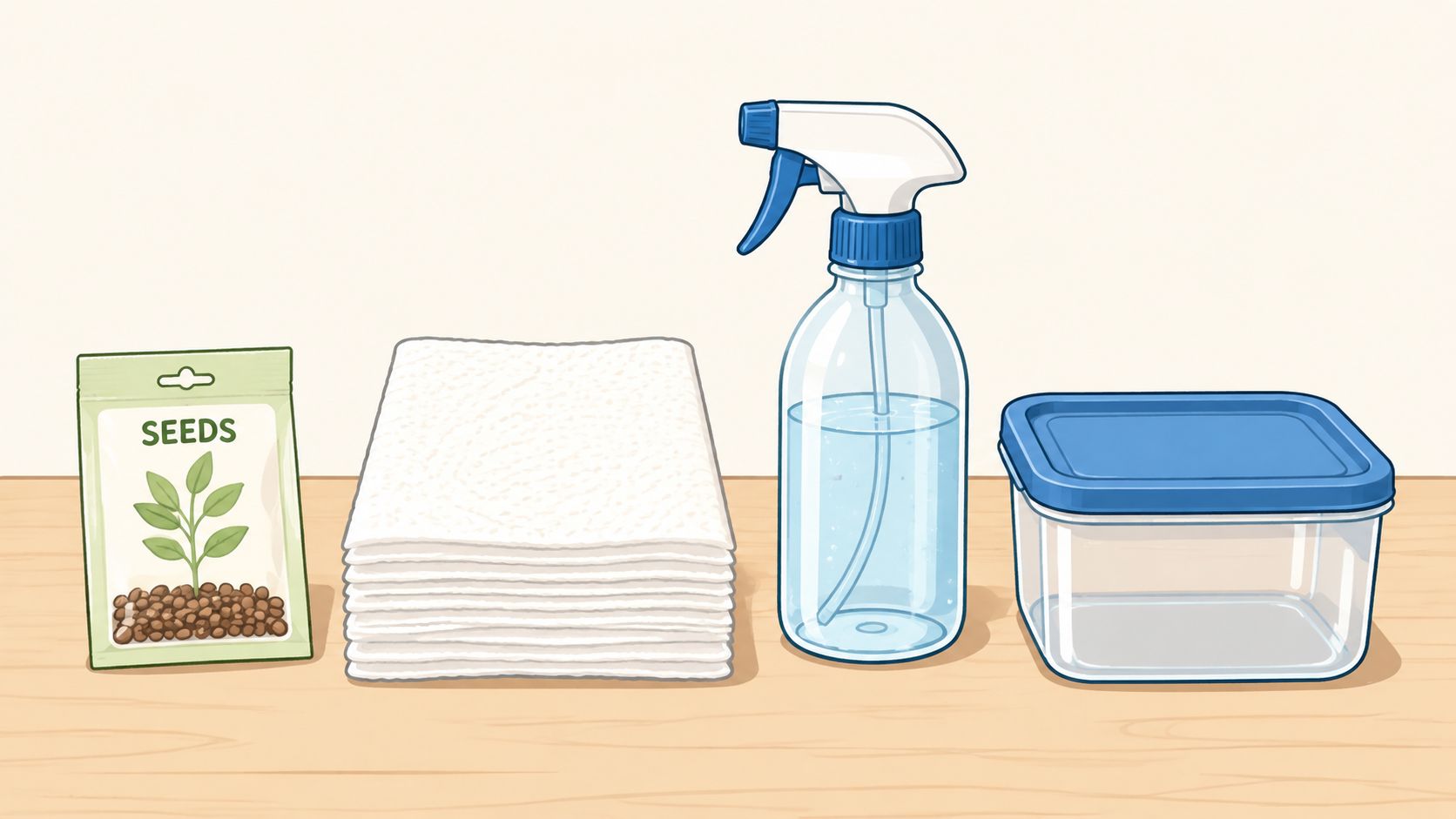 A packet of seeds, a stack of white paper towels, a spray bottle, and a clear container.