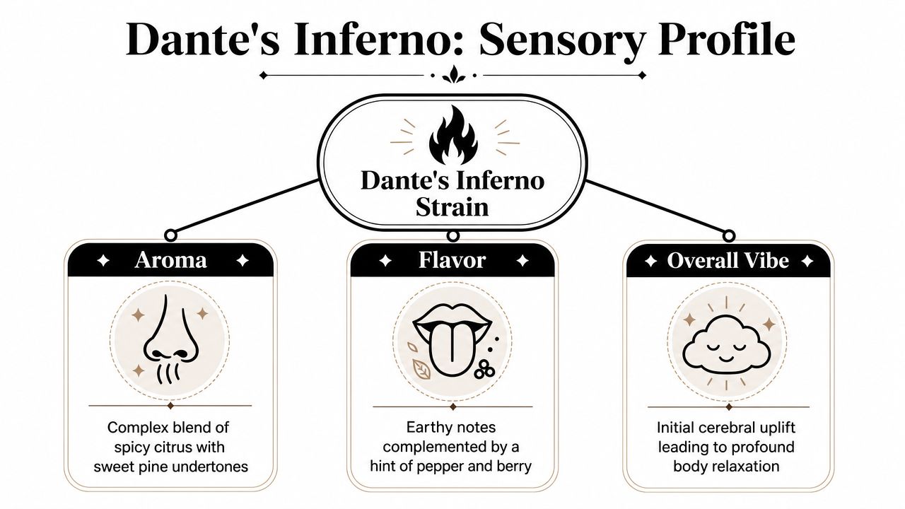 An infographic detailing the sensory profile of the Dante's Inferno cannabis strain, including aroma, flavor, and effects.