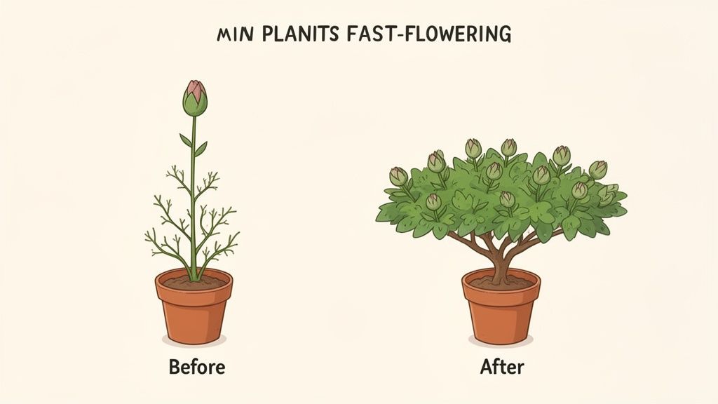 Illustrated comparison of a single-bud plant transforming into a dense, multi-budded flowering plant.