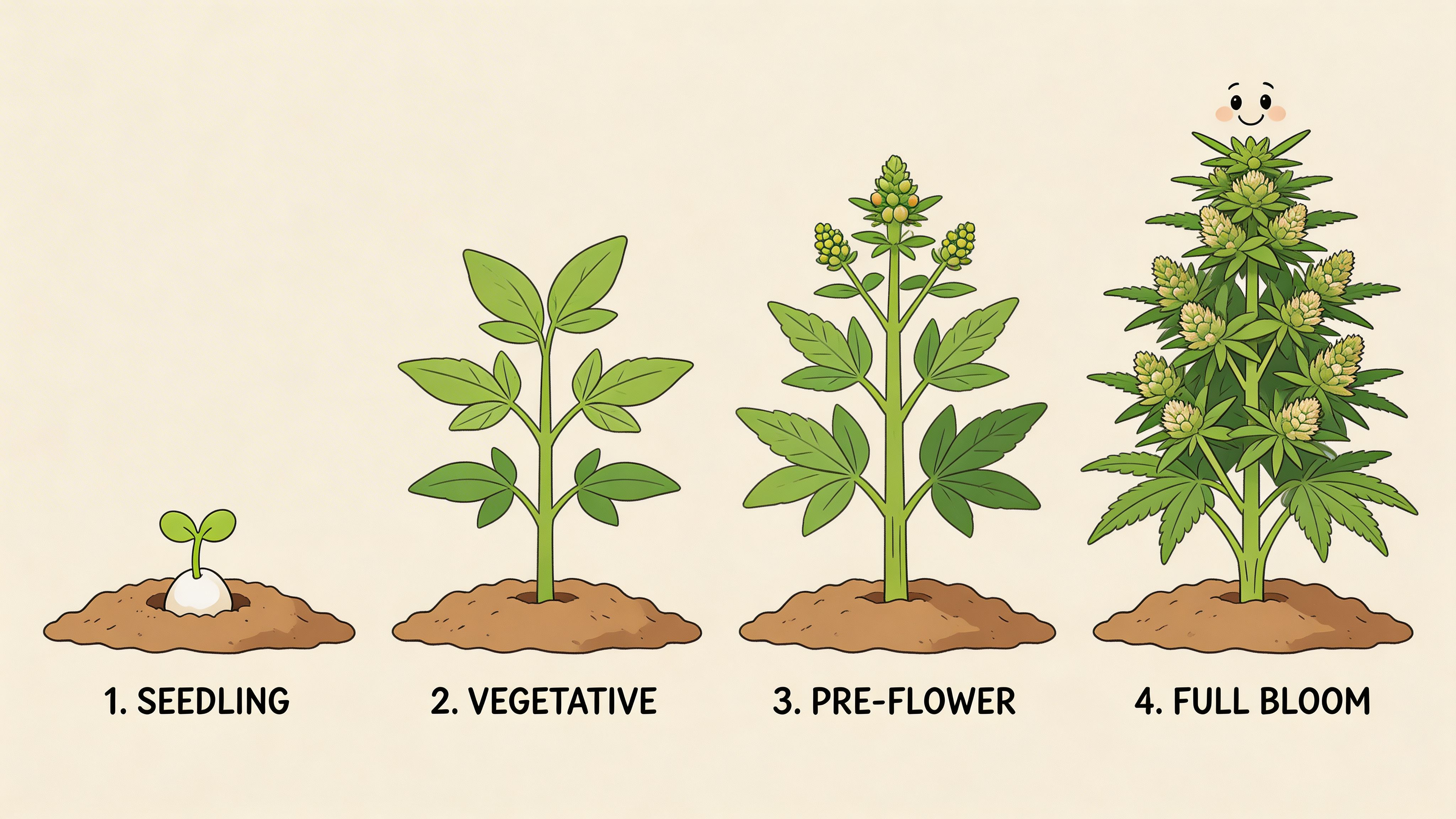 An illustration showing the four stages of cannabis plant growth from seedling to full bloom.