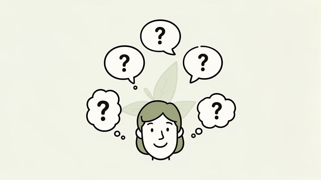 A simple illustration of a person with leaves behind them and several question mark thought bubbles.