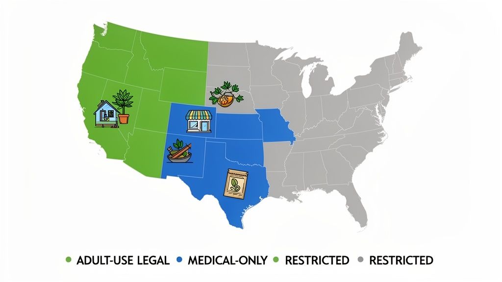 Map of US states showing cannabis legality: adult-use legal (green), medical-only (blue), restricted (gray).
