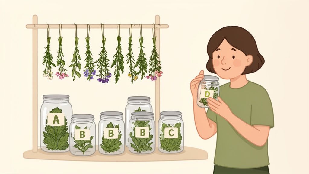 A smiling woman smells dried herbs from a jar labeled 'D', with other jars and hanging herbs nearby.
