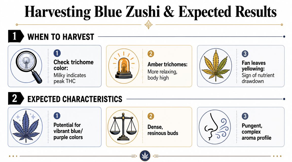 An infographic titled Harvesting Blue Zushi explaining harvest timing based on trichomes and expected cannabis plant characteristics.