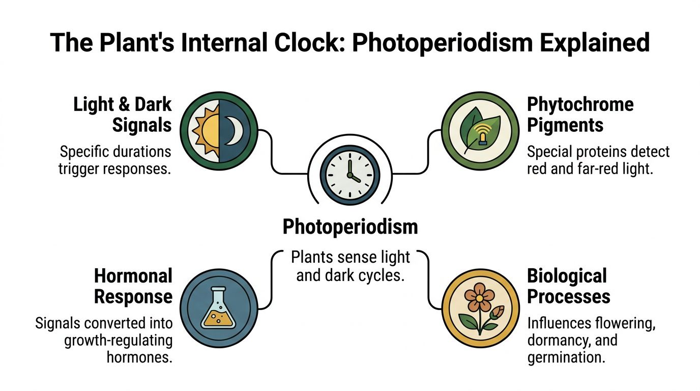 A diagram explaining plant photoperiodism, showing light cycles, phytochrome pigments, hormonal responses, and resulting biological processes in plants.
