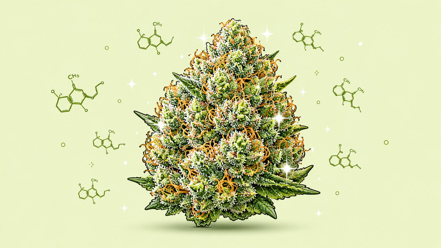 A close-up of a high-quality cannabis flower surrounded by floating chemical structure diagrams and sparkling accents.