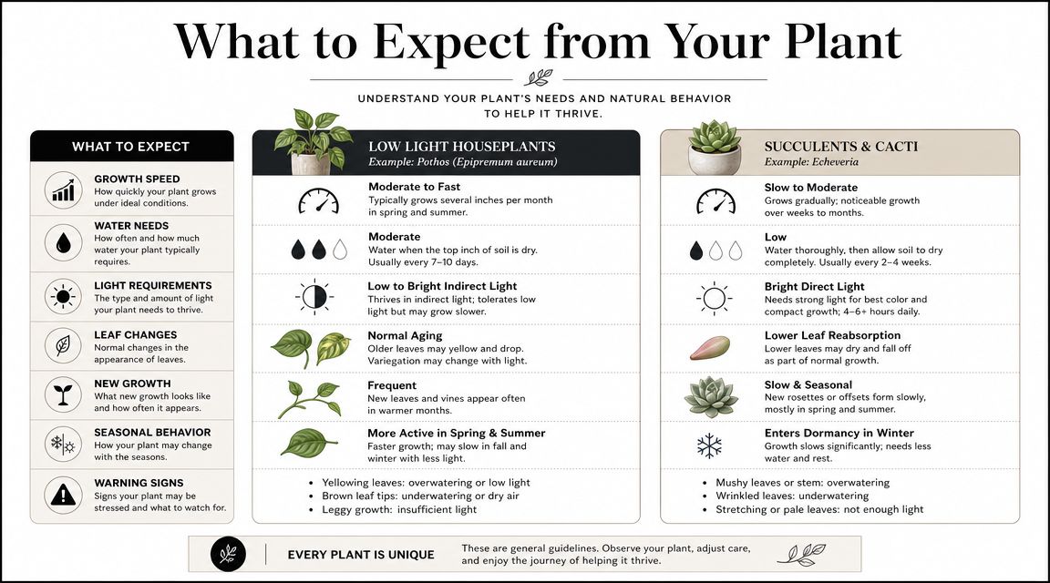 An infographic comparing care requirements and growth patterns for low light houseplants and succulents.