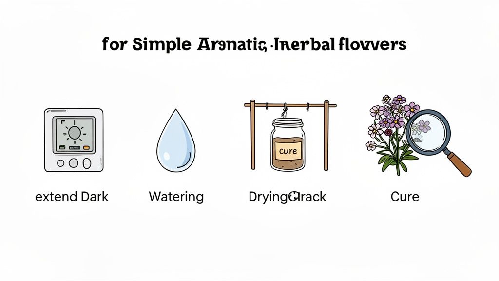 Icons demonstrating key steps for aromatic and herbal flower care and processing.