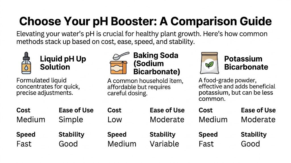A comparison guide showing three common methods for raising water pH for plants: liquid solution, baking soda, and potassium bicarbonate.