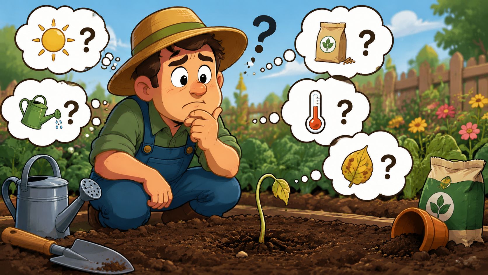 A concerned gardener crouches in his garden, pondering the potential reasons for his plant's poor health.